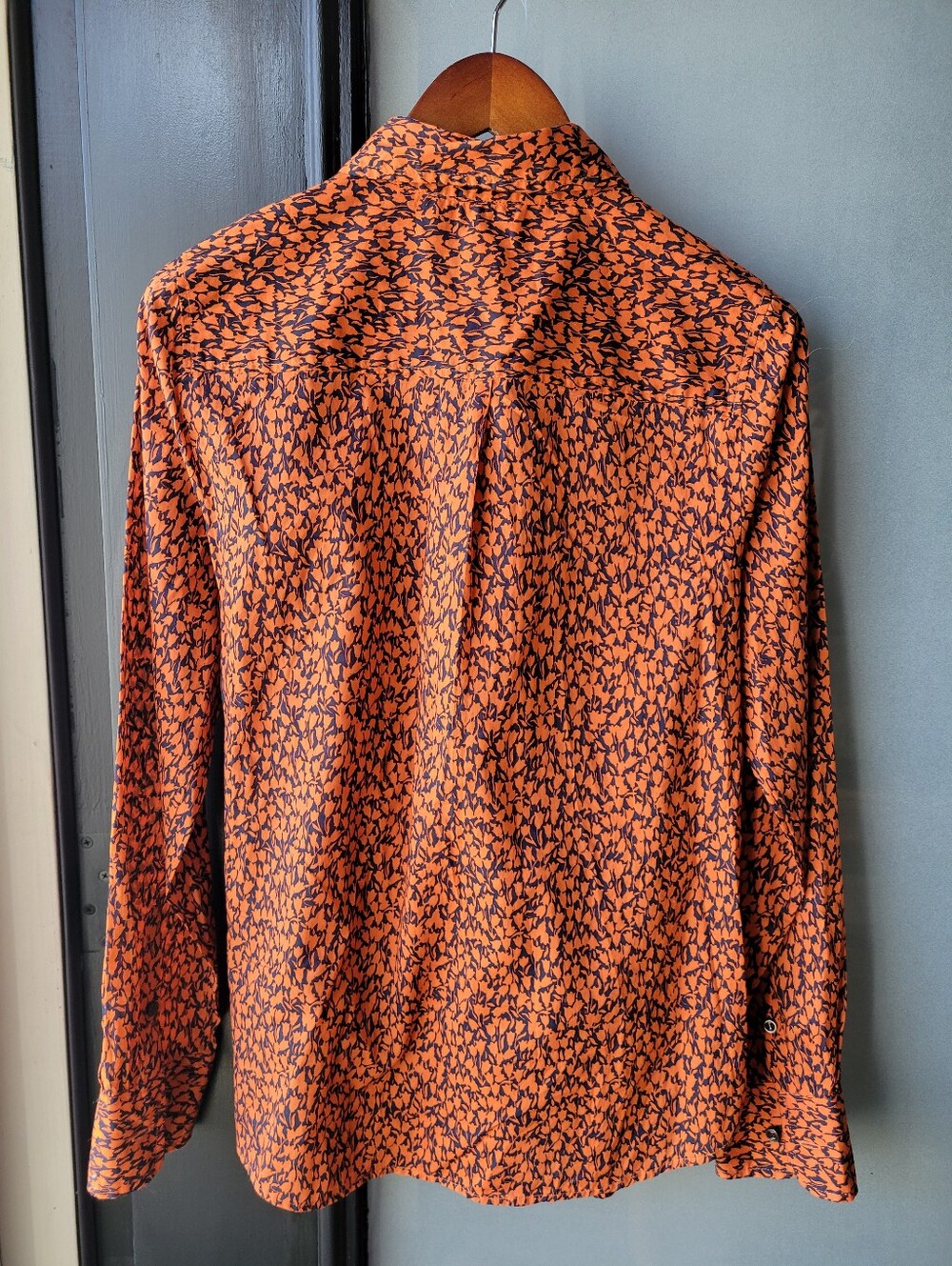 J Crew Factory Blue & Orange Floral Print Blouse Size Med Long Sleeve Collard - Picture 2 of 9